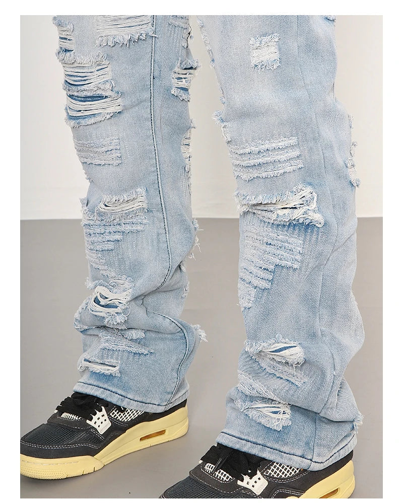 men distressed ripped destroied holes denim jean pants fashion zipper biker jeans streetwear flare pants joggers y2k men s jeans unique joggers style 2791
