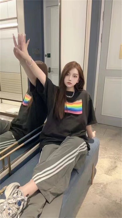 24SS BALCG style rainbow flag logo printed reverse sewn pure cotton Oversized loose short sleeved T-shirt Tops For Summer Street King Limited