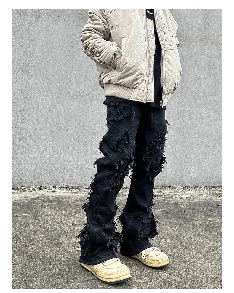 mens distressed ripped destroied tassel denim jean pants new fashion biker jeans streetwear flare pants joggers y2k men s jeans unique joggers style 2978