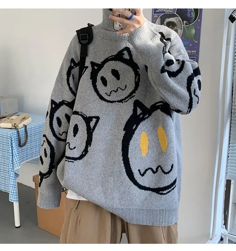 Korean literature art turtleneck sweater men autumn winter lazy style knitted sweater cartoon devil print wool clothes pullovers Street King Limited