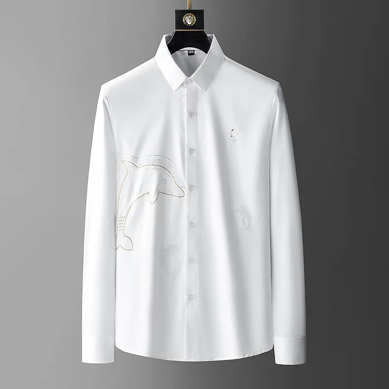 New Men luxurious Diamond Rhinestones Embroidered Dolphin Fashion Cotton Casual Shirts Shirt high Pocket Long-sleeves 5XL #A672 Street King Limited