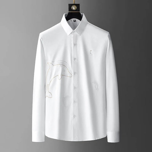 New Men luxurious Diamond Rhinestones Embroidered Dolphin Fashion Cotton Casual Shirts Shirt high Pocket Long-sleeves 5XL #A672 Street King Limited