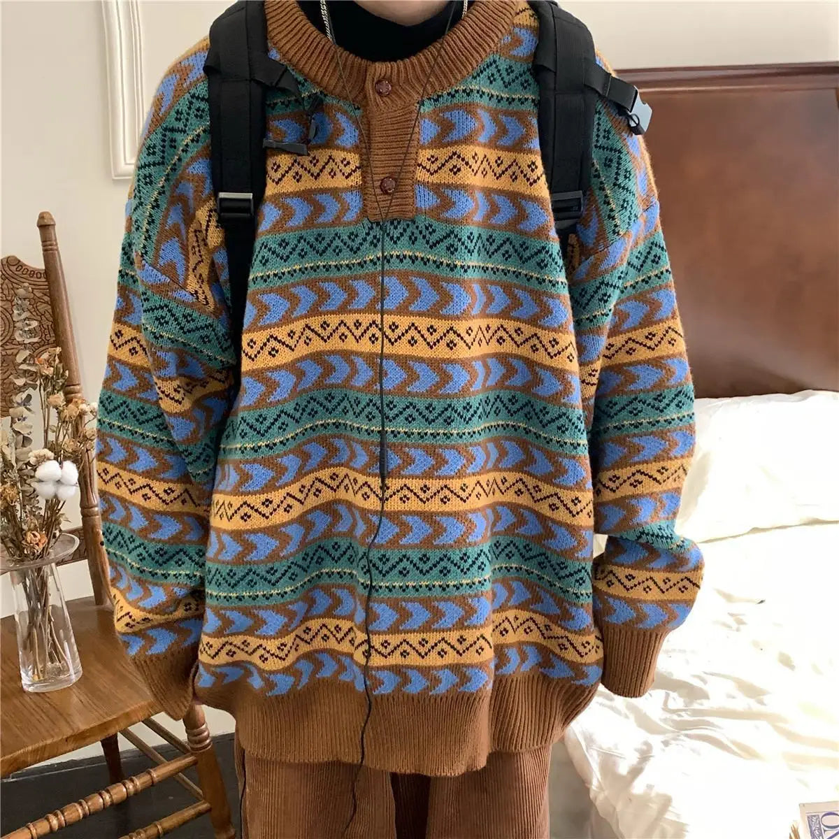 American autumn and winter men and women trendy personality lazy sweater couple loose retro casual round neck Harajuku knitted Street King Limited