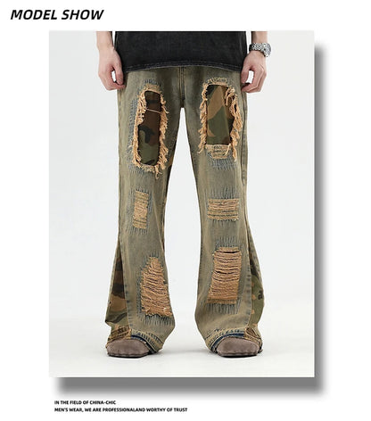 hip hop camouflage ripped patchwork denim pants for men y2k vintage streetwear wide leg jean 2025 new distressed baggy jeans unique jeans style 315