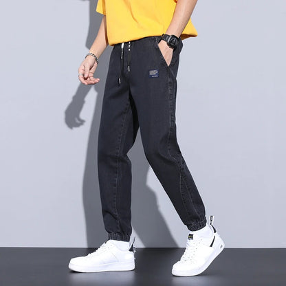 rainbowtouches autumn winter blue cargo jeans men streetwear denim jogger pants baggy harem jean trousers male oversize large sporty tapered joggers