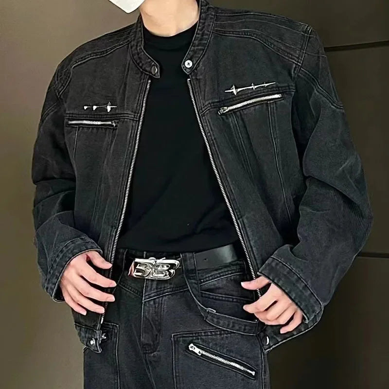 male denim jackets high street shoulder pad design patchwork solid men short coats american style loose short outwear zipper unique jeans style 3947