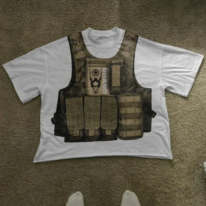 Harajuku Streetwear Y2K New T shirt Men Hip Hop Bulletproof Vest Graphic Print Oversized Cotton Short Sleeved Casual Tops Tees Street King Limited