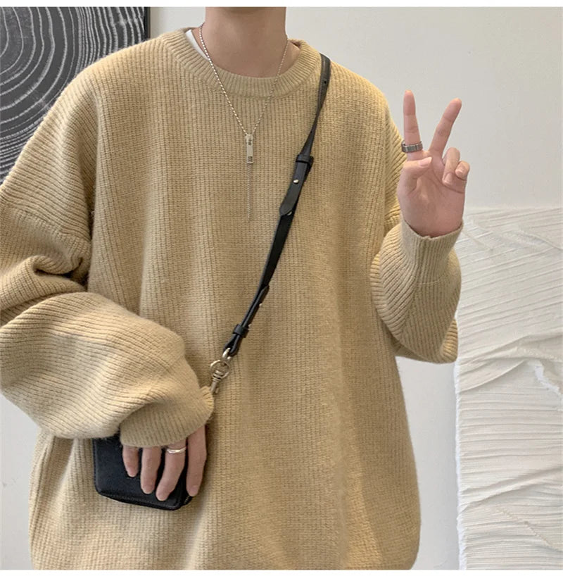 2023 Autumn Crew Neck Solid Color Pullover Sweaters For Men Casual Y2K Knitted Sweater High Street Fashion Jumpers Hombre Street King Limited
