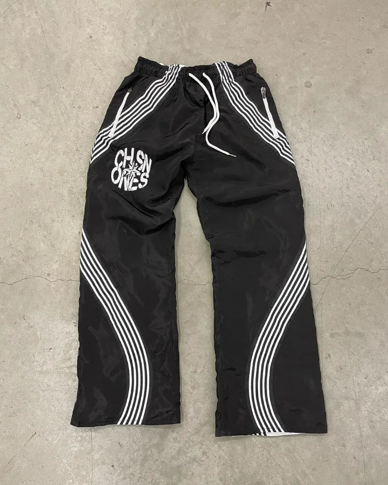 american high street fashion striped letter printed trousers men y2k harajuku retro personality casual oversized wide leg pants unique default style 3331