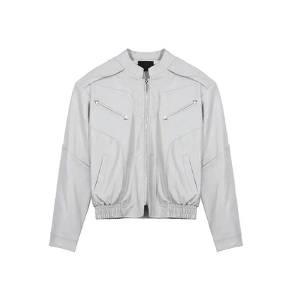 short pu leather jacket men shoulder pad stand collar trend bomber outwear 2023 korean streetwear zipper unisex motorcycle coat unique shorts style 2332