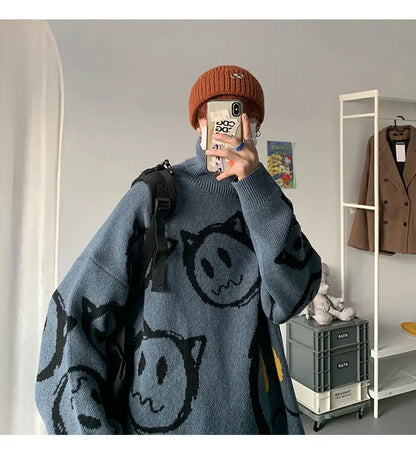 Korean literature art turtleneck sweater men autumn winter lazy style knitted sweater cartoon devil print wool clothes pullovers Street King Limited