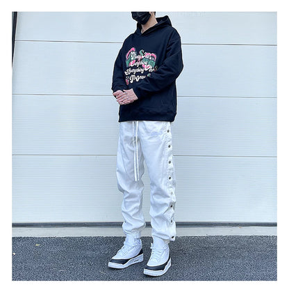 washed distressed denim sweatpant cashew flower patchwork oversized splice buckle jogging jeans casual button baggy men clothing unique joggers style 3336