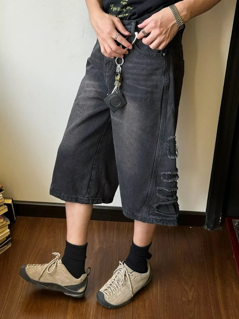 mens hip hop washed denim shorts broken hole folds burr edge street punk cowboy middle pants pockets bomber quarter pants y2k unique jeans style 4371
