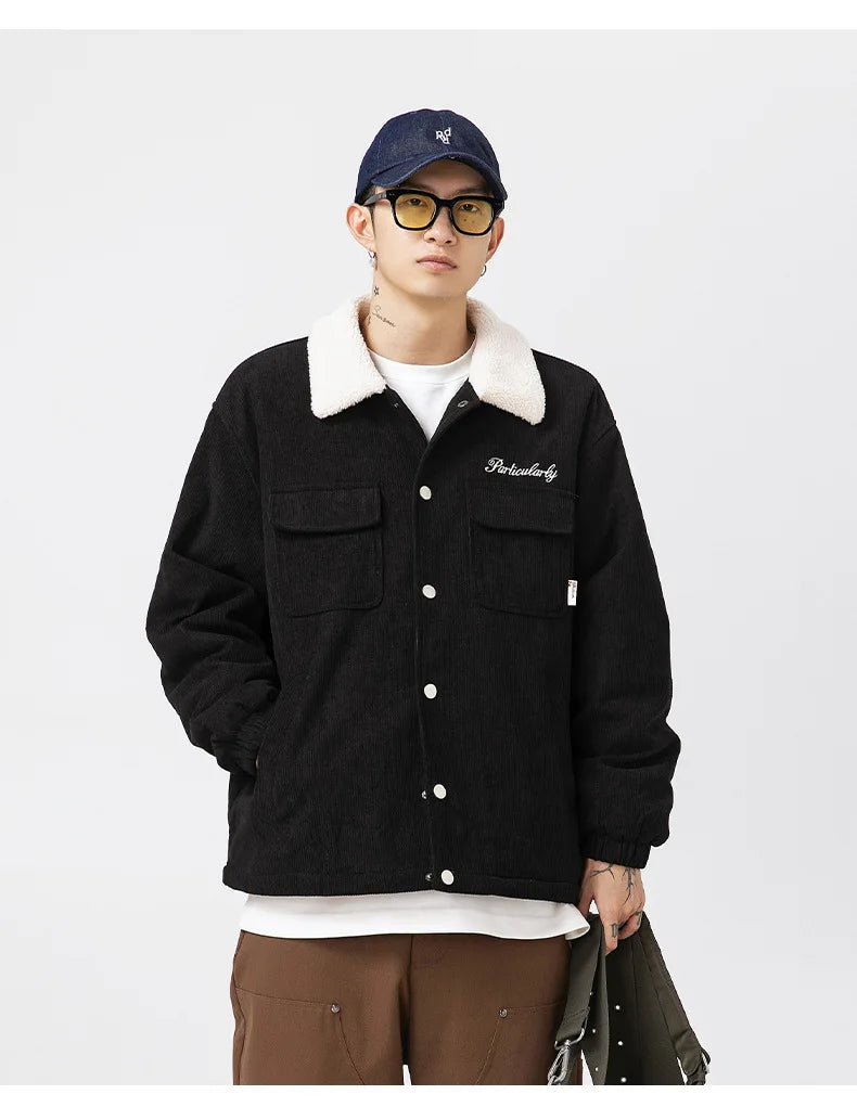 fashion men lamb fleece polo collar cotton padded coat winter embroidery loose thicken warm corduroy wadded jacket male outwear unique default style 6050