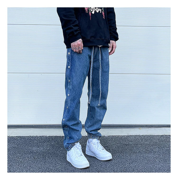 washed distressed denim sweatpant cashew flower patchwork oversized splice buckle jogging jeans casual button baggy men clothing unique joggers style 3359