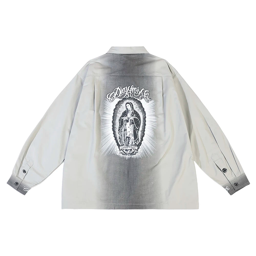 Back Characater Letter Print Washed Autumn Shirts for Men Lapel High Street Baggy Y2k Camisas Oversized Long Sleeve Blouses Street King Limited