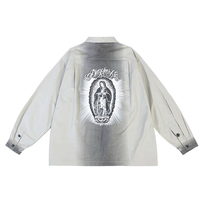 Back Characater Letter Print Washed Autumn Shirts for Men Lapel High Street Baggy Y2k Camisas Oversized Long Sleeve Blouses Street King Limited