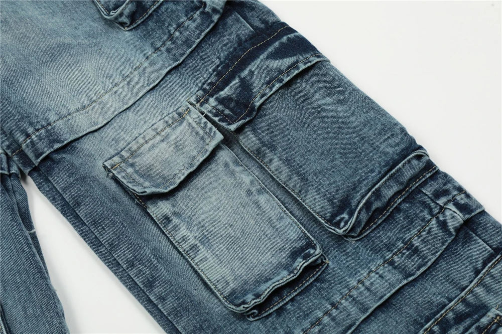 vintage multi pocket jeans mens harajuku cargo denim pants retro hip hop straight loose jean pants men clothing unique cargo style 591