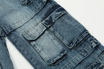 vintage multi pocket jeans mens harajuku cargo denim pants retro hip hop straight loose jean pants men clothing unique cargo style 591