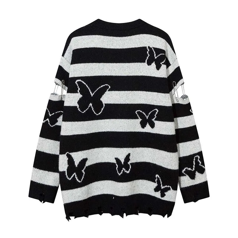 2023 Hip Hop Striped Knitted Sweater Streetwear Butterfly Graphic Distressed Ripped Pullover Men Harajuku Casual Knitwear Unisex Street King Limited