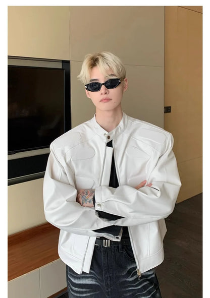high street motorcycle pu leather jacket men hip hop trend shoulder padded coat street fashion stand collar zipper short outwear unique shorts style 1964