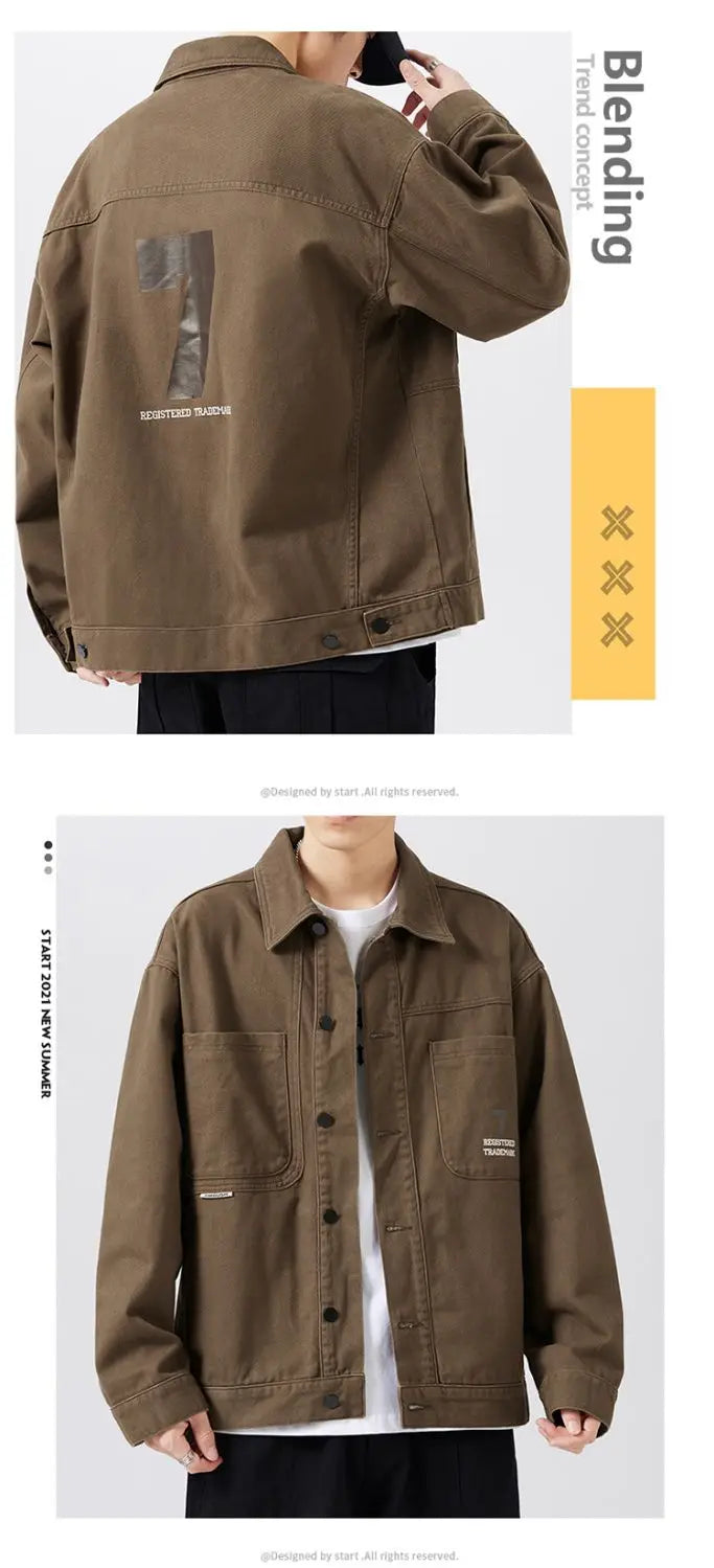 american retro workwear jacket for boys loose spring and autumn high street japanese style khaki casual trendy denim jacket tops unique jeans style 4896