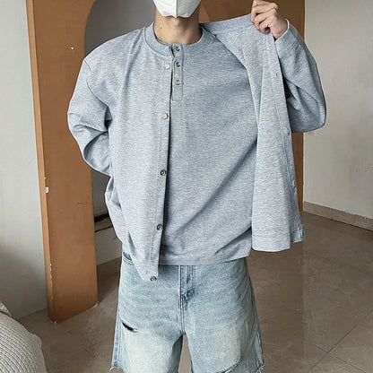 Streetwear New Casual Fake Two Piece Sweatshirts For Men Solid Color Henley Neck 2024 New Casual Fake Two Piece Sweatshirts For Men Solid Color Henley Neck Button Jackets Korean Fashion Loose Y2K Sudaderas Fashion Sweater Jacket With Graphic Design For Men