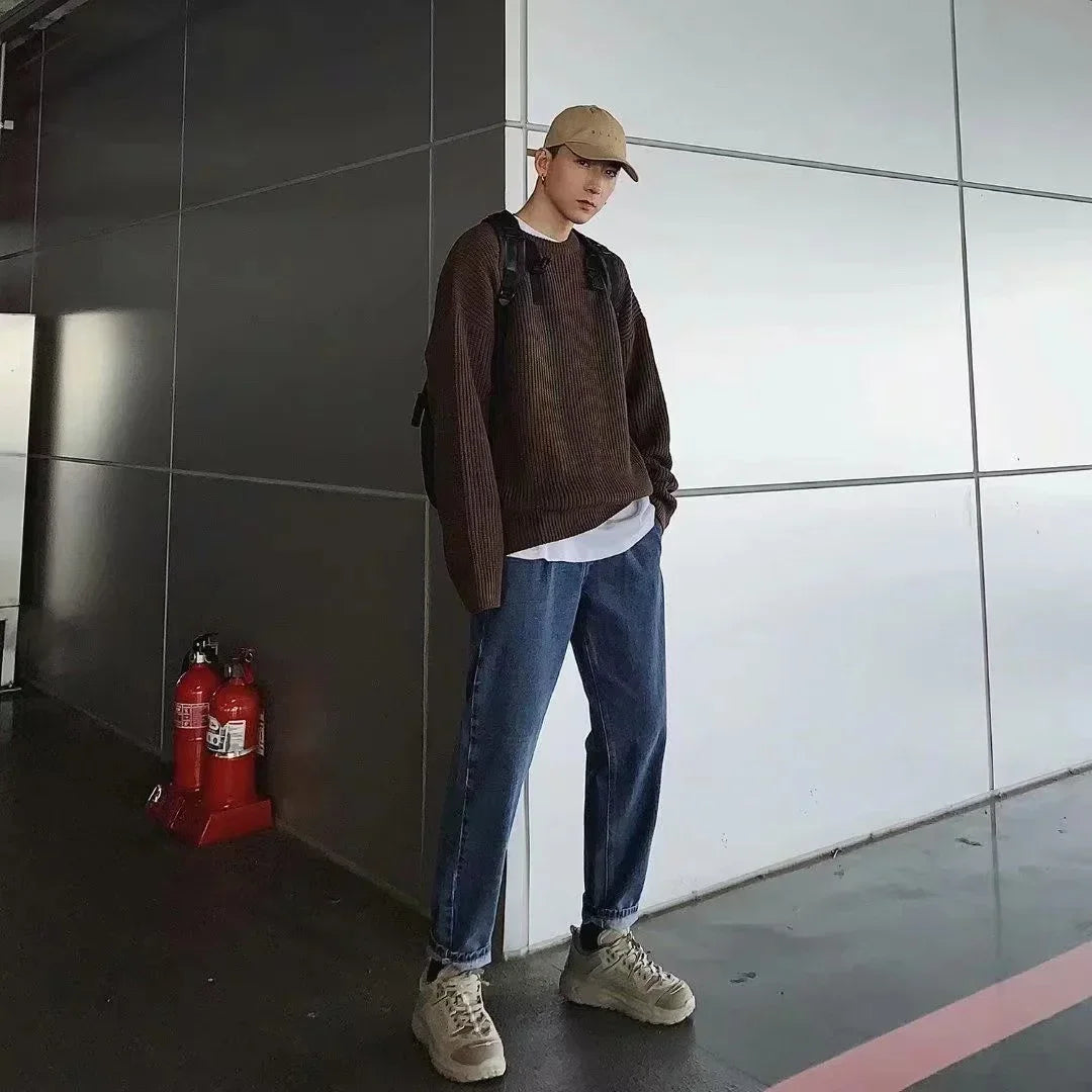 2023 Autumn Crew Neck Solid Color Pullover Sweaters For Men Casual Y2K Knitted Sweater High Street Fashion Jumpers Hombre Street King Limited