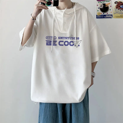 New Men's Casual Hooded Y2K T-Shirt Summer Short Sleeve Letter Printed T Shirts Hombre Oversized Hip Hop Fashion Gym Tee Tops Street King Limited