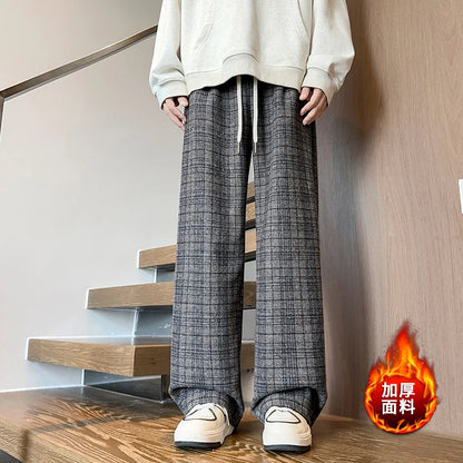 mens plaid pants baggy winter trendy fleece loose straight wide leg mopping trousers unisex thick velvet warm long pants unique default style 1118