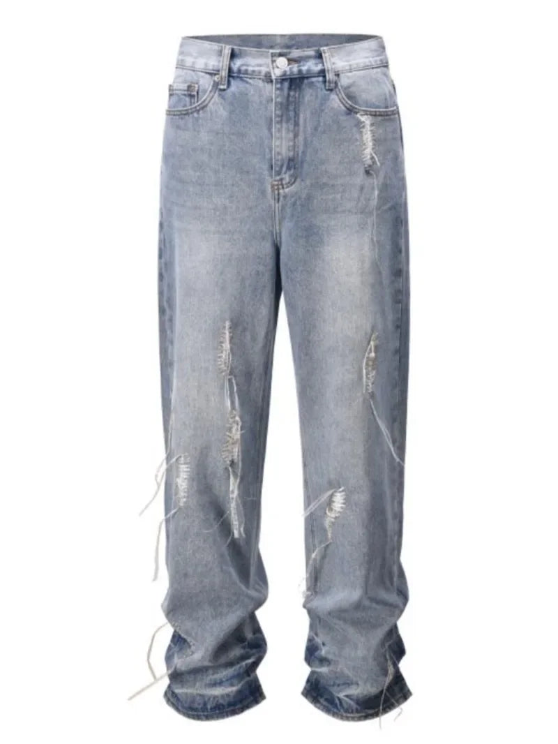 fashion loose streetwear denim jeans new casual wide legs straight jean pants hip hop tassel joggers baggy jeans men clothing relaxed fit joggers
