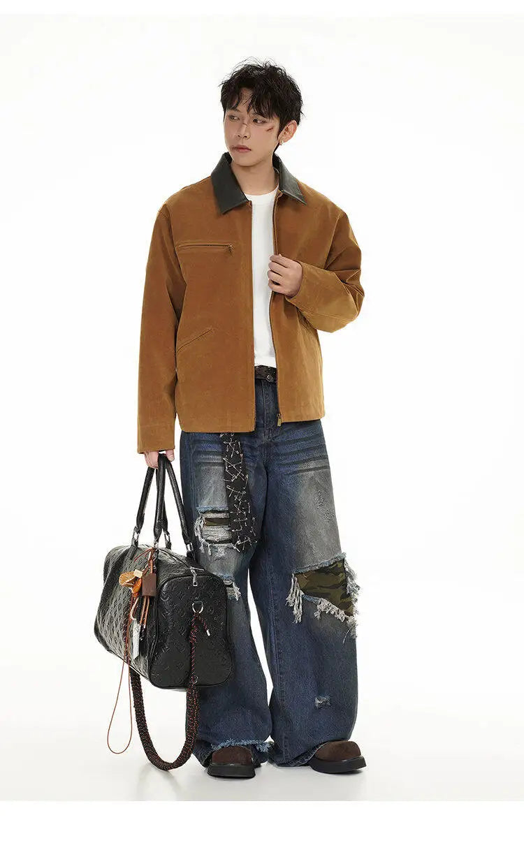 2025 american streetwear retro leather collar bomber jacket men loose casual fashion short cargo jacket spring autumn coat unique cargo style 442