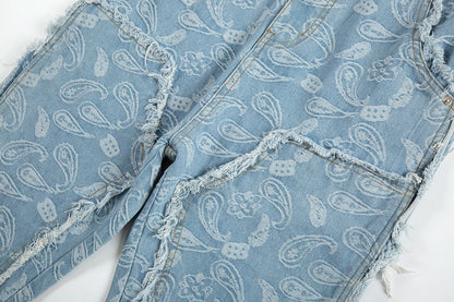 Y2k Frayed Urban Cashew Flower Full Print Patchwork Baggy Flare Jeans for Men Straight Pantalones Hombre Oversize Denim Trousers Street King Limited