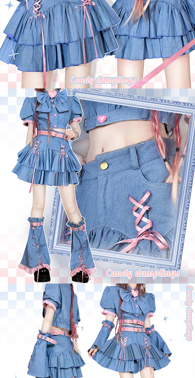 Y2K Set Sweetheart Spicy Girl dress skirt sets Women's 2023 Summer Bubble Sleeve Bowtie Campus Style 2 piece sets womens outfits Street King Limited