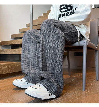 mens plaid pants baggy winter trendy fleece loose straight wide leg mopping trousers unisex thick velvet warm long pants unique default style 1115