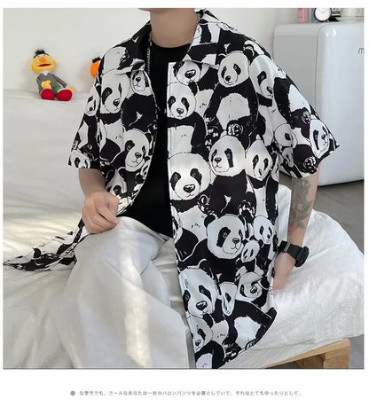 Streetwear Summer Panda Printed Shirts For Men Casual Loose Short Sleeved Camisas Summer Panda Printed Shirts For Men Casual Loose Short Sleeved Camisas Couples Streetwear Fashion Tee Shirt Luxury Social Shirt Fashion Sweater Jacket With Graphic Design For Men