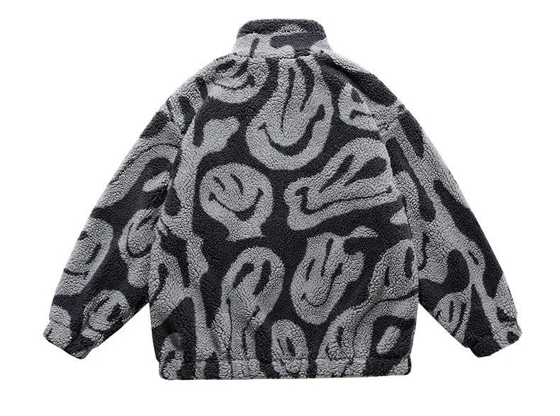 winter lambswool coat men casual streetwear grimace print parka hip hop grain fleece coat loose college warm outwear unisex new unique default style 4962