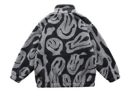 winter lambswool coat men casual streetwear grimace print parka hip hop grain fleece coat loose college warm outwear unisex new unique default style 4962