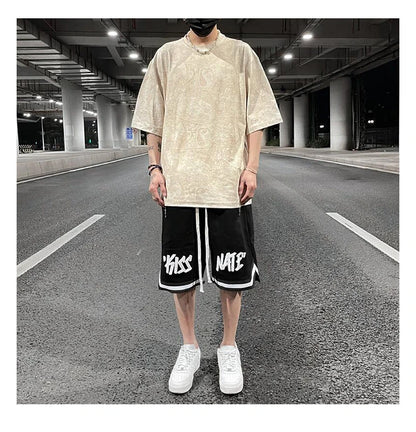 Merican Hip-hop Summer Thin Section Suede Cashew Flower Print Tshirts Tops Men and Women Loose Short-sleeved T-shirts Oversized Street King Limited