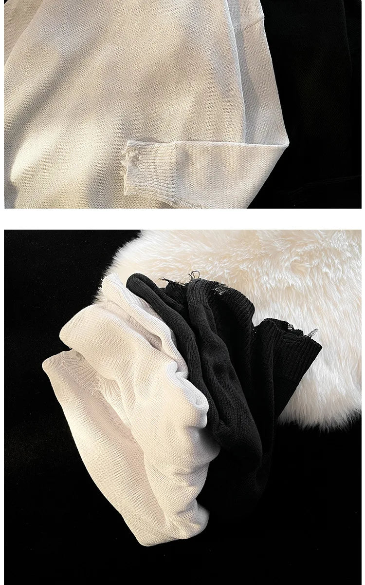 Men White Pullover Sweaters Ripped Harajuku Chic Couple O-neck Knitwear Casual Minimalist Long Sleeve Jumpers Homme Handsome Top Street King Limited