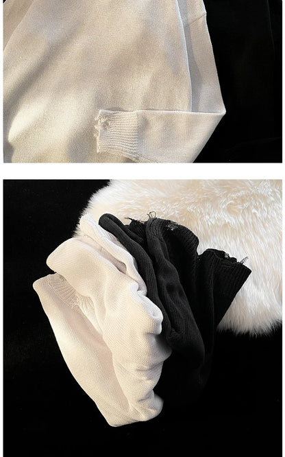 Men White Pullover Sweaters Ripped Harajuku Chic Couple O-neck Knitwear Casual Minimalist Long Sleeve Jumpers Homme Handsome Top Street King Limited