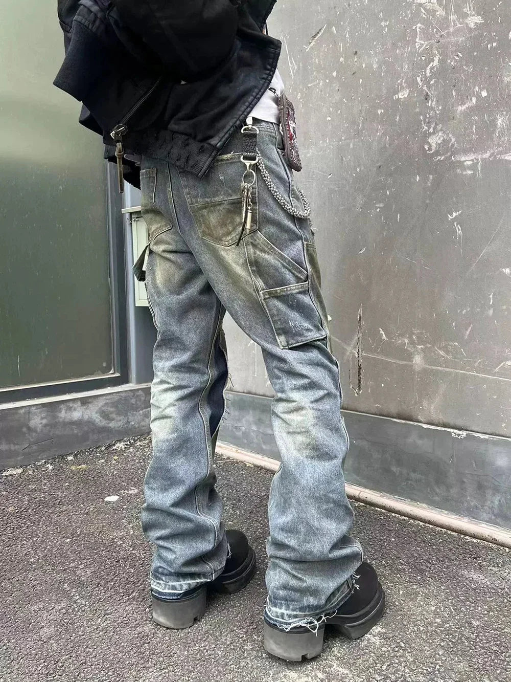 Streetwear Handmade Mud Dyed Dirty Blue Baggy Jeans for Men Distressed Hole Casual Patchwork Denim Trousers Oversized Street King Limited