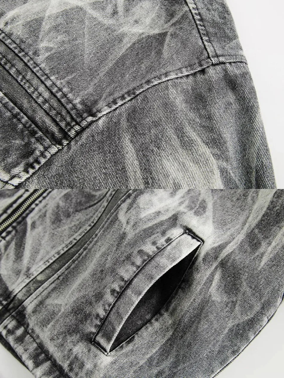 autumn high street washed denim jacket mens vintage graffiti printing stand collar motorcycle coats patchwork punk cowboy tops unique jeans style 3576