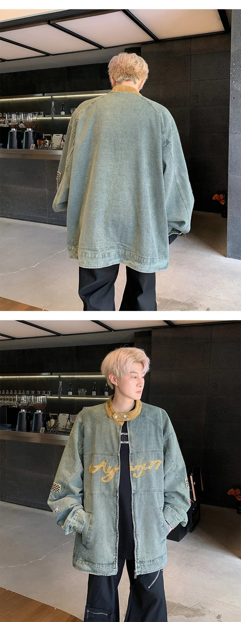 motorcycle hip hop mens cowboy jackets autumn 2024 embroidered washed trend denim coats stand collar color blocking outwear unique jeans style 2766