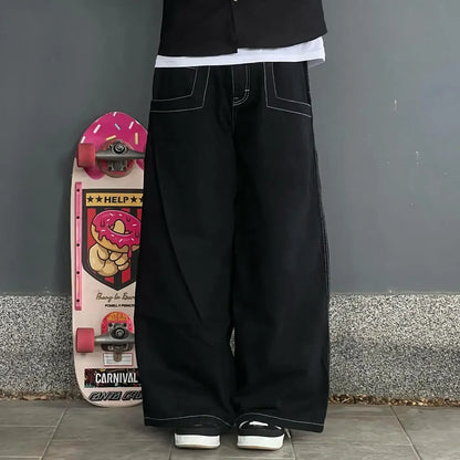 wexwear embroid baggy jeans harajuku hip hop graphic high waist wide trouser streetwear y2k jeans men women gothic black pants unique jeans style 1870