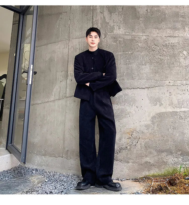 men 2 pieces sets corduroy short jacket wide leg pant suits korean streetwear fashion loose casual retro coat baggy trousers unique shorts style 2696