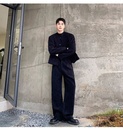 men 2 pieces sets corduroy short jacket wide leg pant suits korean streetwear fashion loose casual retro coat baggy trousers unique shorts style 2696