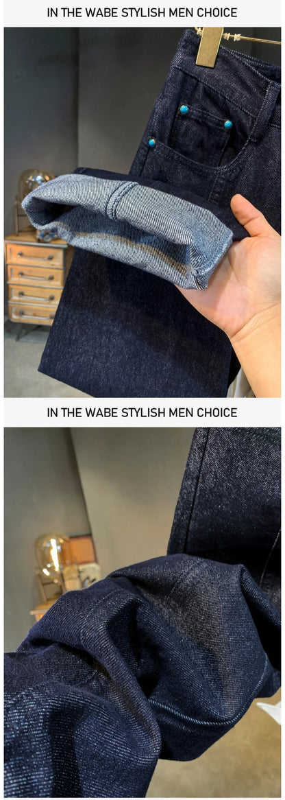 men streetwear splice denim fashion brand hip hop loose casual straight jeans pant cityboy deep blue y2k jeans trousers for men unique jeans style 1766