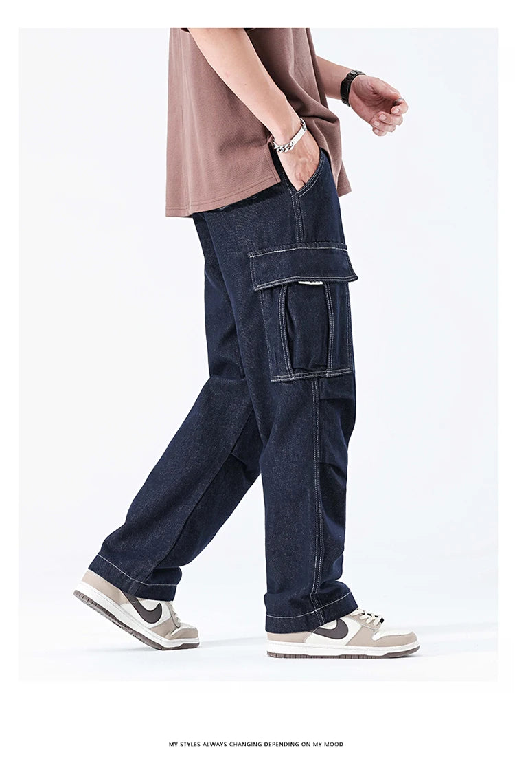 men autumn summer streetwear fashion plus size loose casual straight cargo jeans pant campus boy jeans trousers unique cargo style 2276