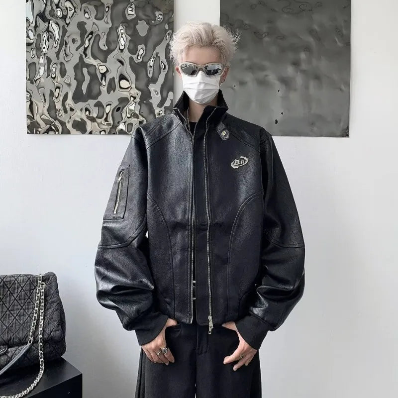 punk leather jacket mens spring standing collar trendy high street coats y2k streetwear hip hop motorcycle outwear 2024 new unique default style 2243
